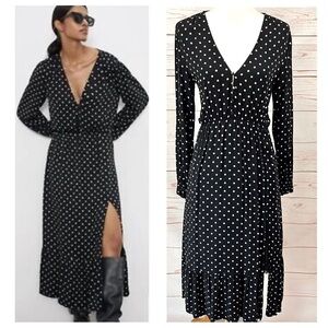Zara Bloggers Favorite Polka Dot Blouson Long Sleeve Button Front Maxi Dress